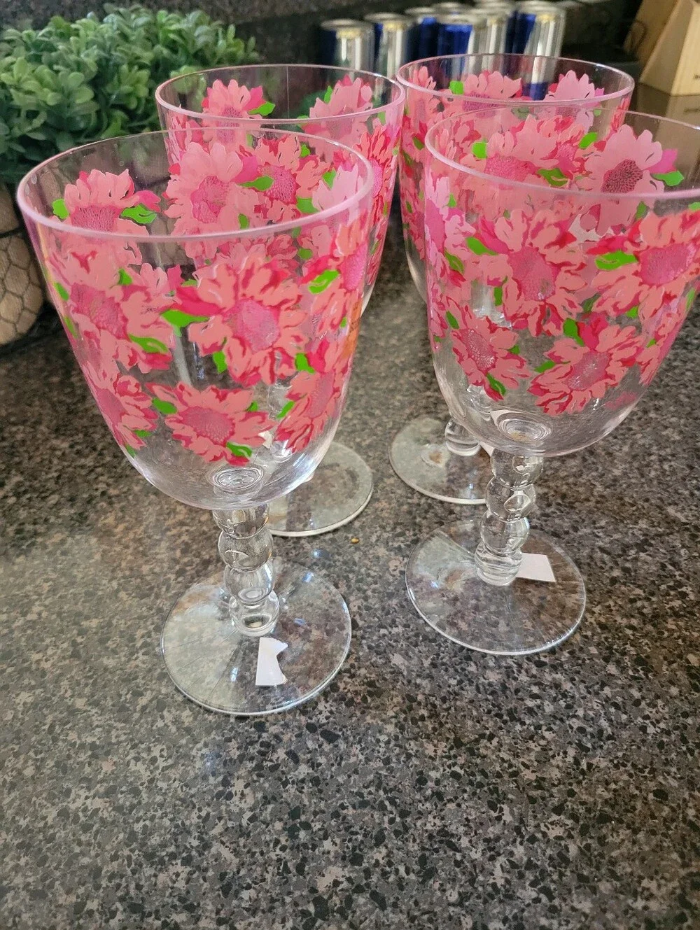 Lilly Pulitzer Acrylic Wine Glasses Pink Green Floral Set of 4 Stemmed Cups